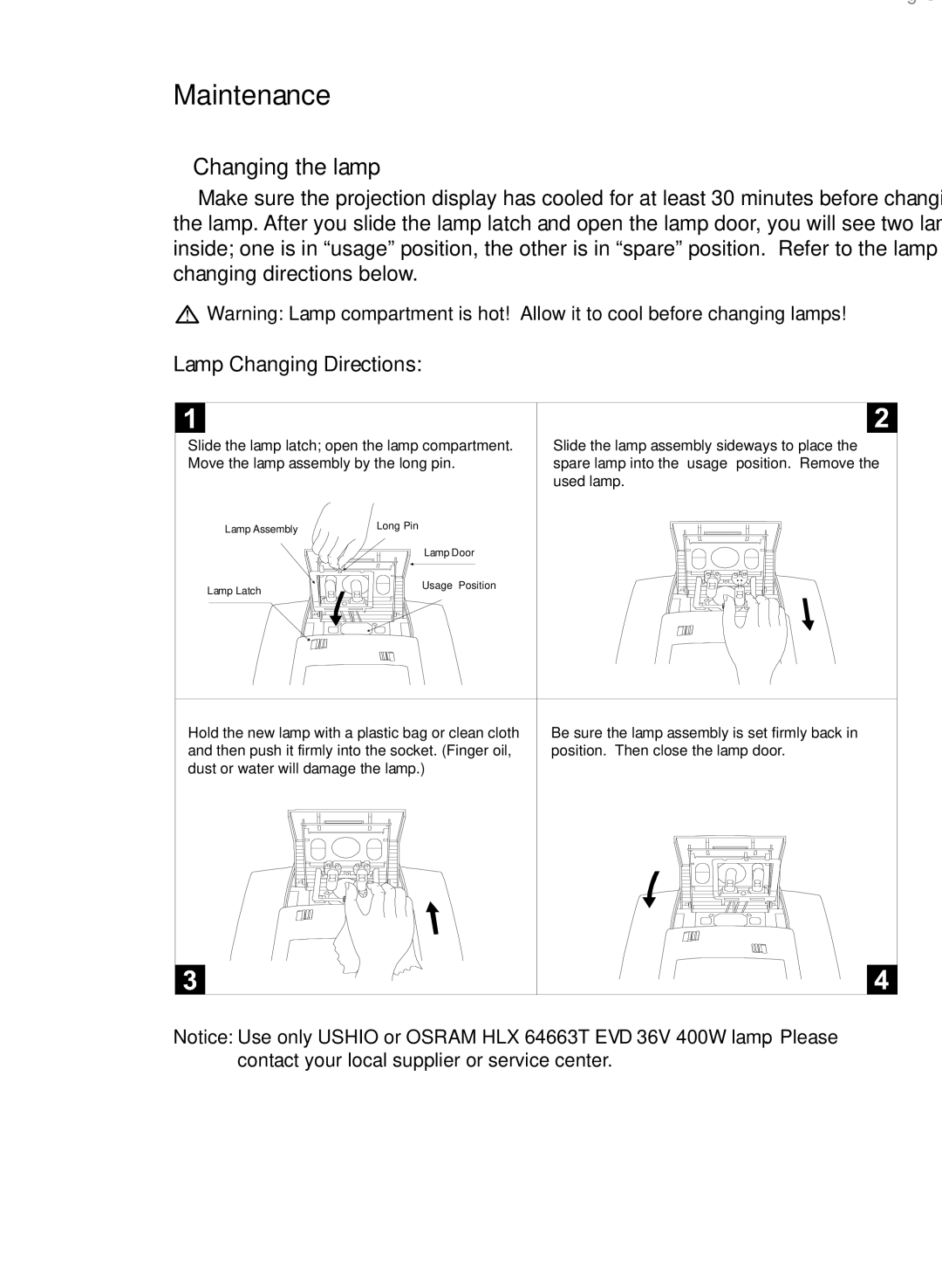 Optoma Technology EP550 specifications Maintenance, Changing the lamp 