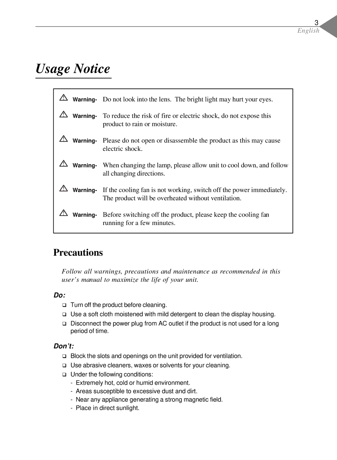 Optoma Technology EP550 specifications Usage Notice, Precautions 