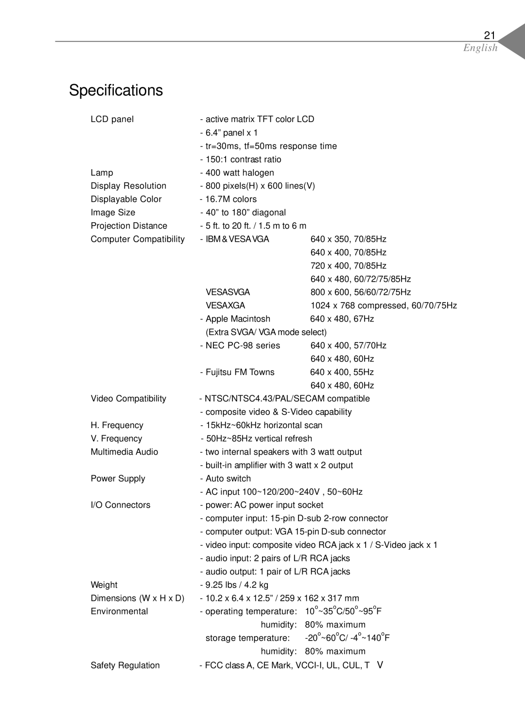 Optoma Technology EP550 specifications Specifications, Vesaxga 