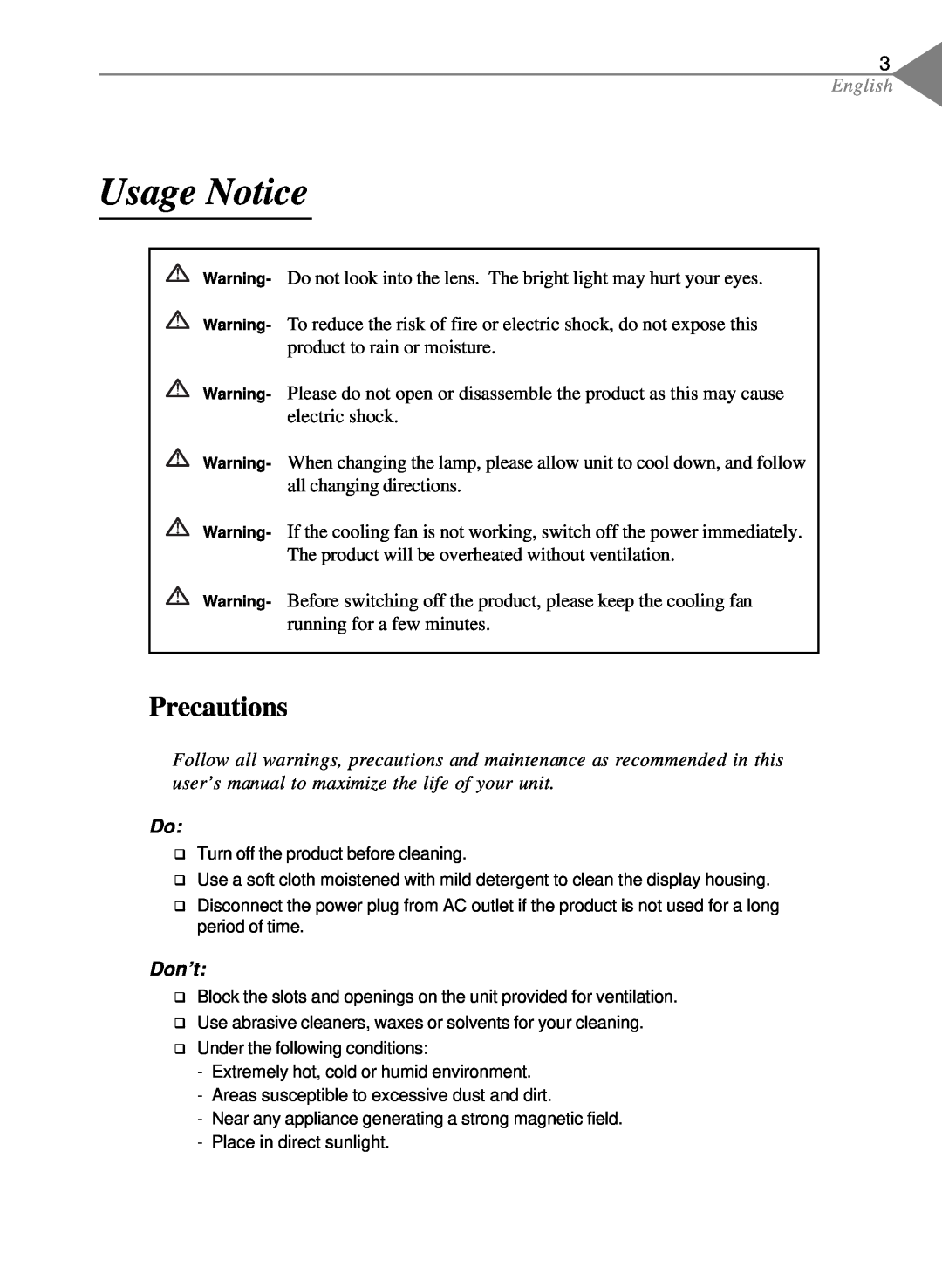 Optoma Technology EP550 specifications Usage Notice, Precautions, English, Don’t 