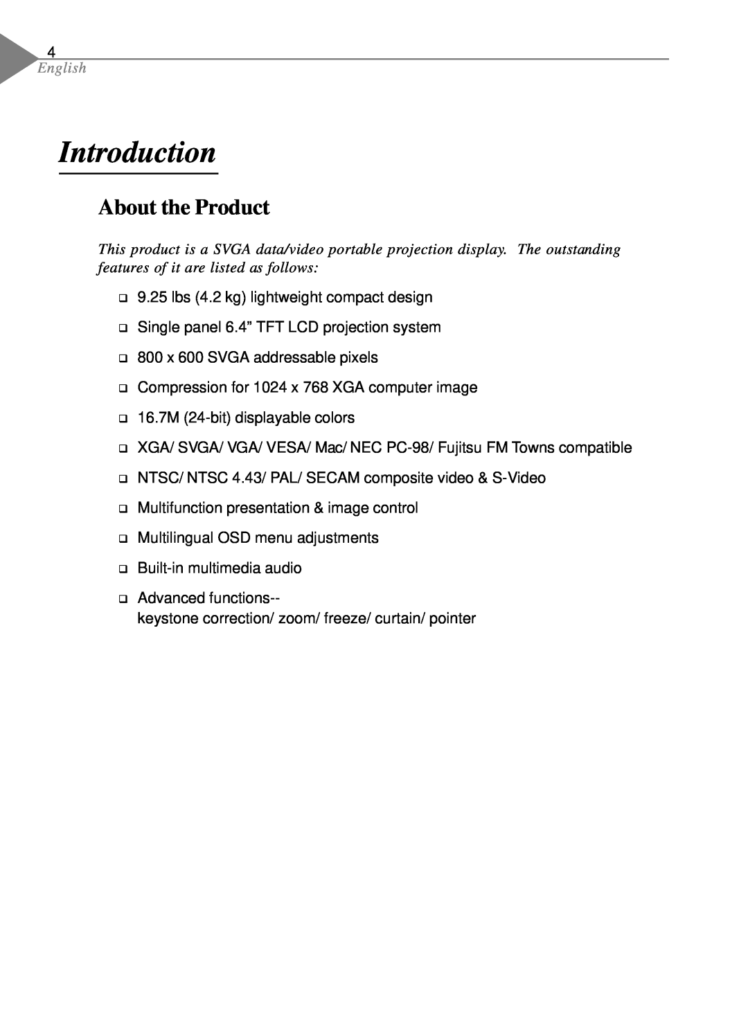 Optoma Technology EP550 specifications Introduction, About the Product, features of it are listed as follows, English 