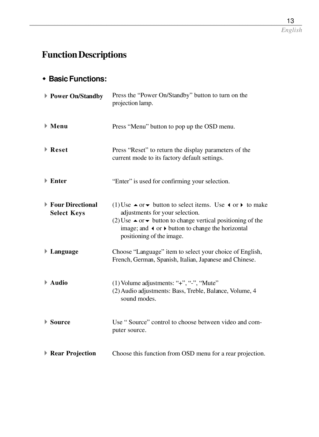 Optoma Technology EP585 specifications Function Descriptions, Basic Functions 