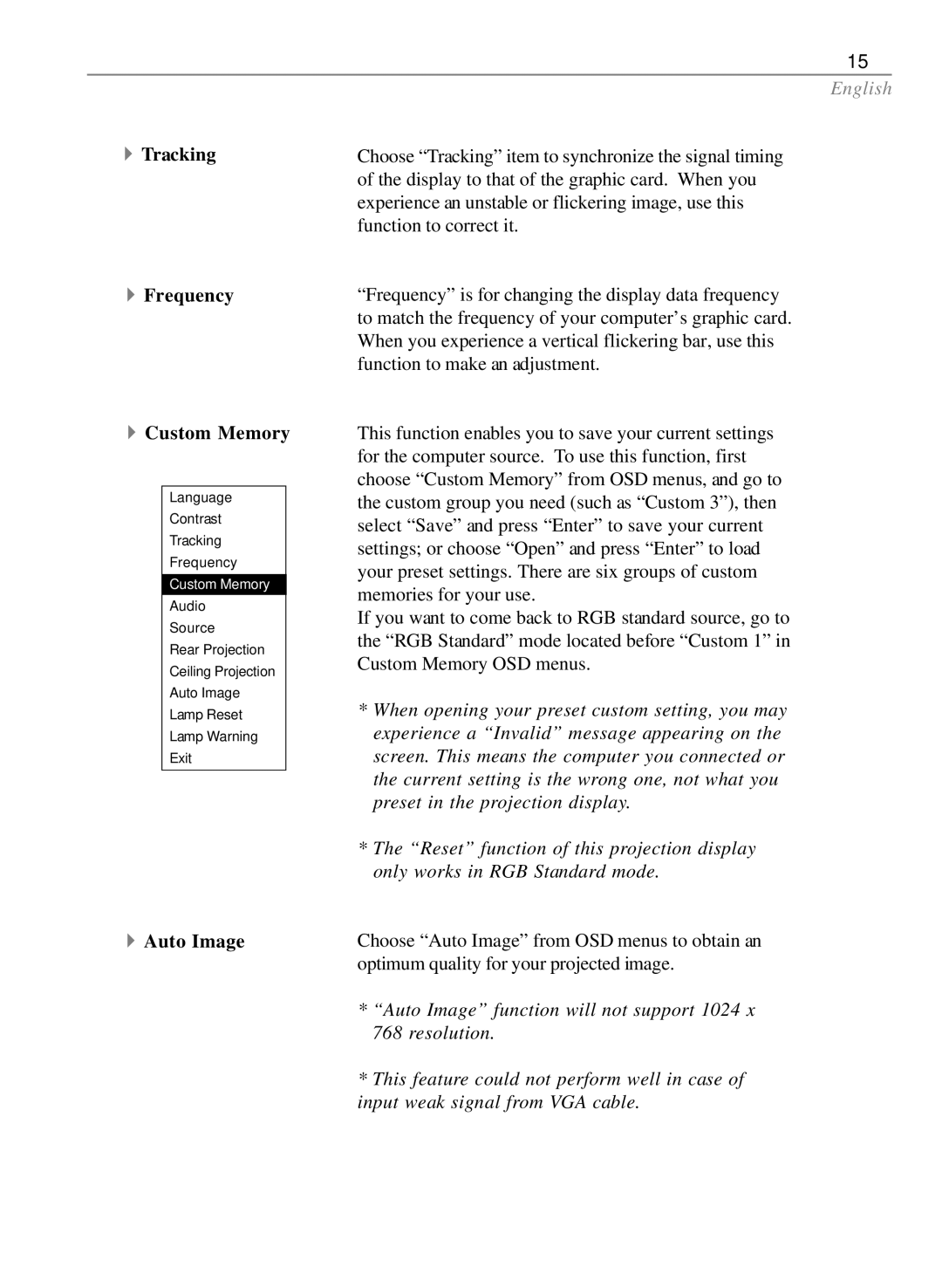 Optoma Technology EP585 specifications Tracking Frequency Custom Memory, Auto Image 