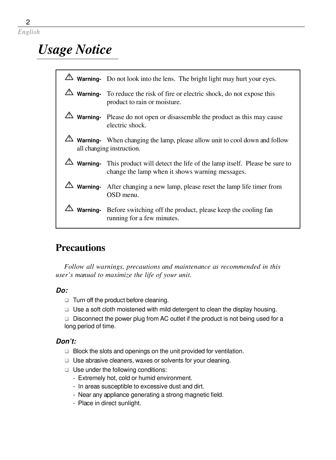 Optoma Technology EP585 specifications Usage Notice, Precautions 