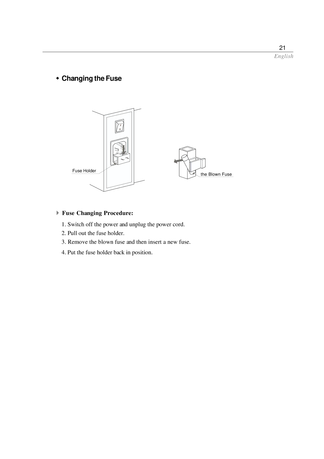 Optoma Technology EP585 specifications Changing the Fuse, Fuse Changing Procedure 