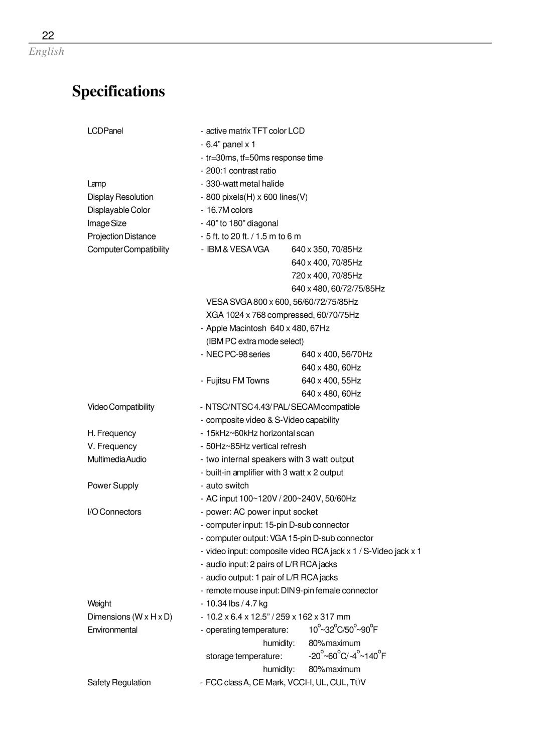 Optoma Technology EP585 specifications Specifications, IBM & Vesa VGA 