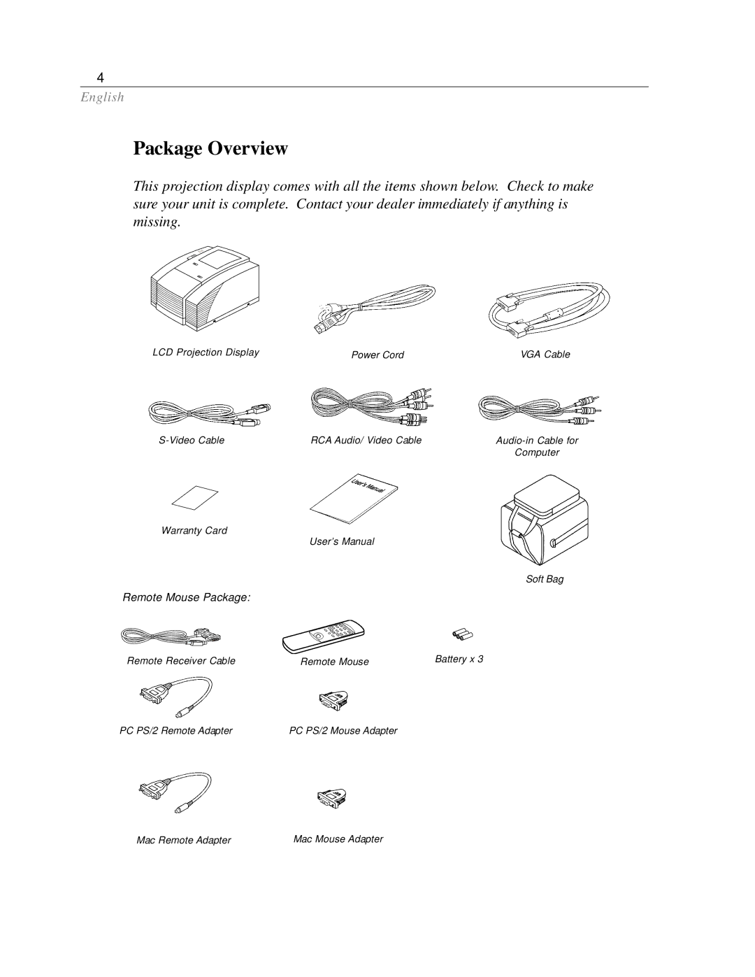 Optoma Technology EP585 specifications Package Overview, Remote Mouse Package 