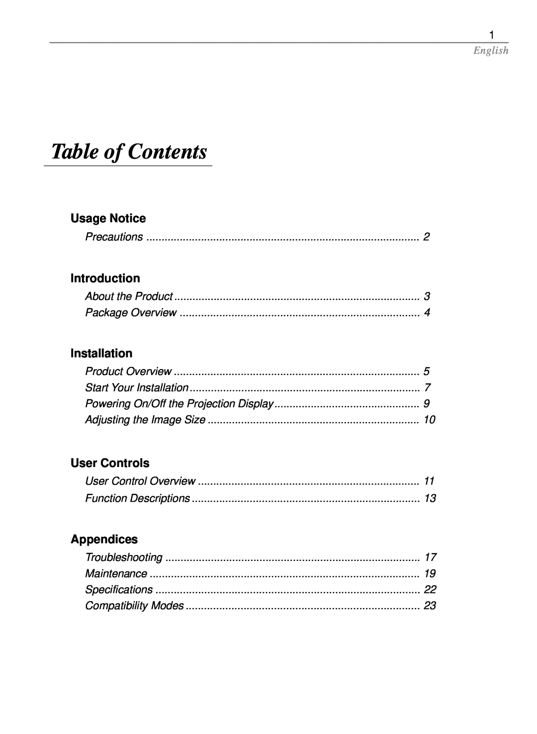 Optoma Technology EP585 specifications Table of Contents, Usage Notice, Introduction, Installation, User Controls, English 