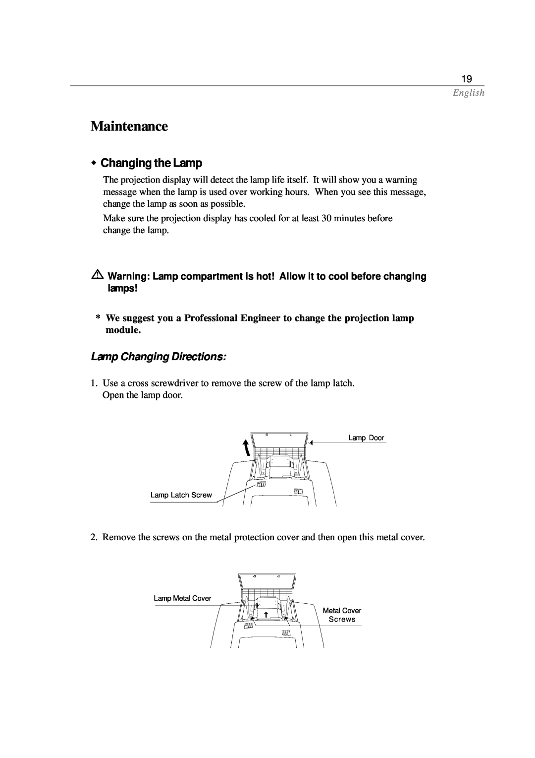 Optoma Technology EP585 specifications Maintenance, w Changing the Lamp, Lamp Changing Directions, English 