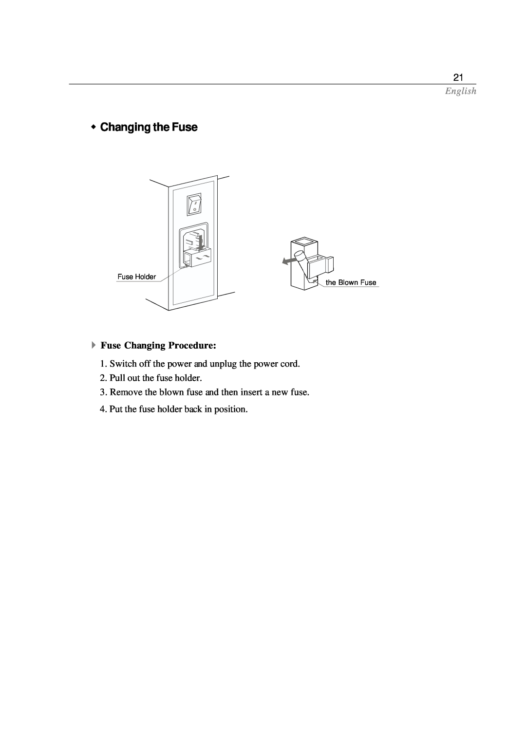 Optoma Technology EP585 specifications w Changing the Fuse, Fuse Changing Procedure, English, Fuse Holder the Blown Fuse 