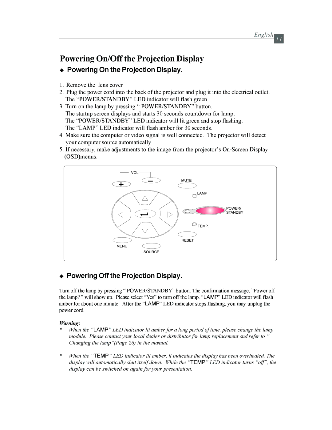 Optoma Technology EP615H specifications Powering On/Off the Projection Display, Powering On the Projection Display 