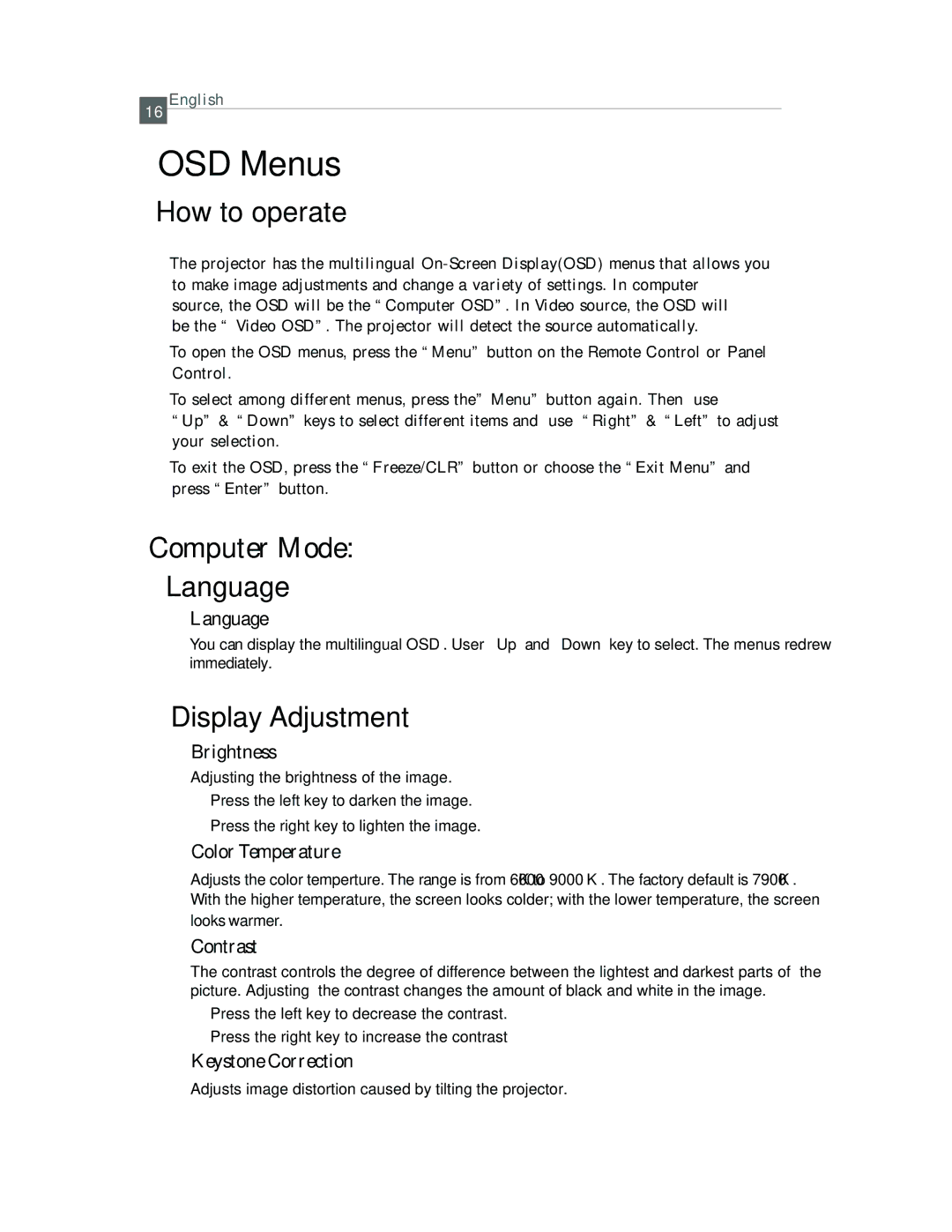 Optoma Technology EP615H specifications OSD Menus 