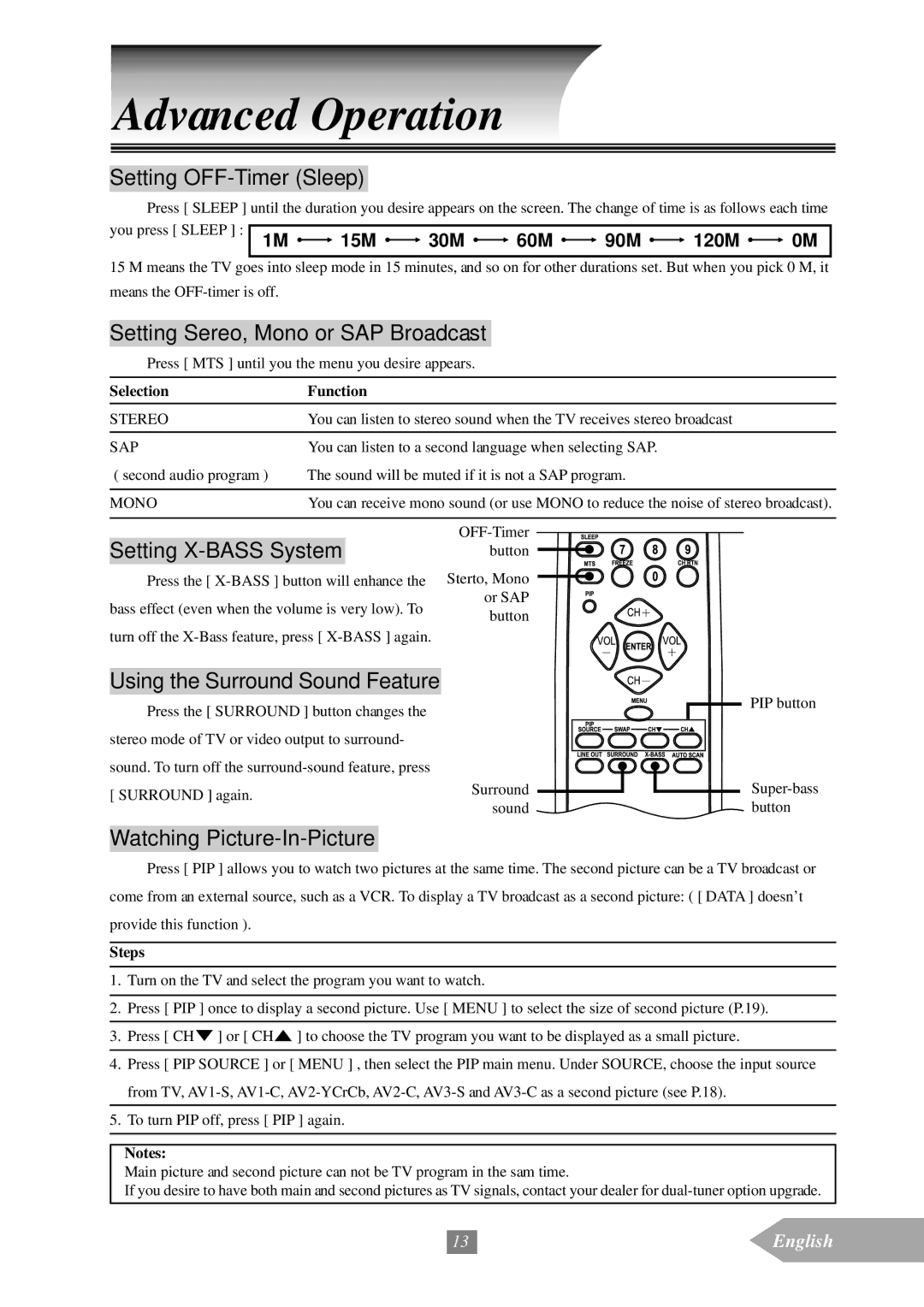 Optoma Technology EP652A manual Advanced Operation, Setting OFF-Timer Sleep, Setting Sereo, Mono or SAP Broadcast, Function 