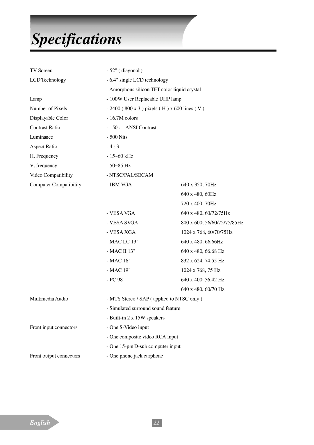 Optoma Technology EP652A manual Specifications 