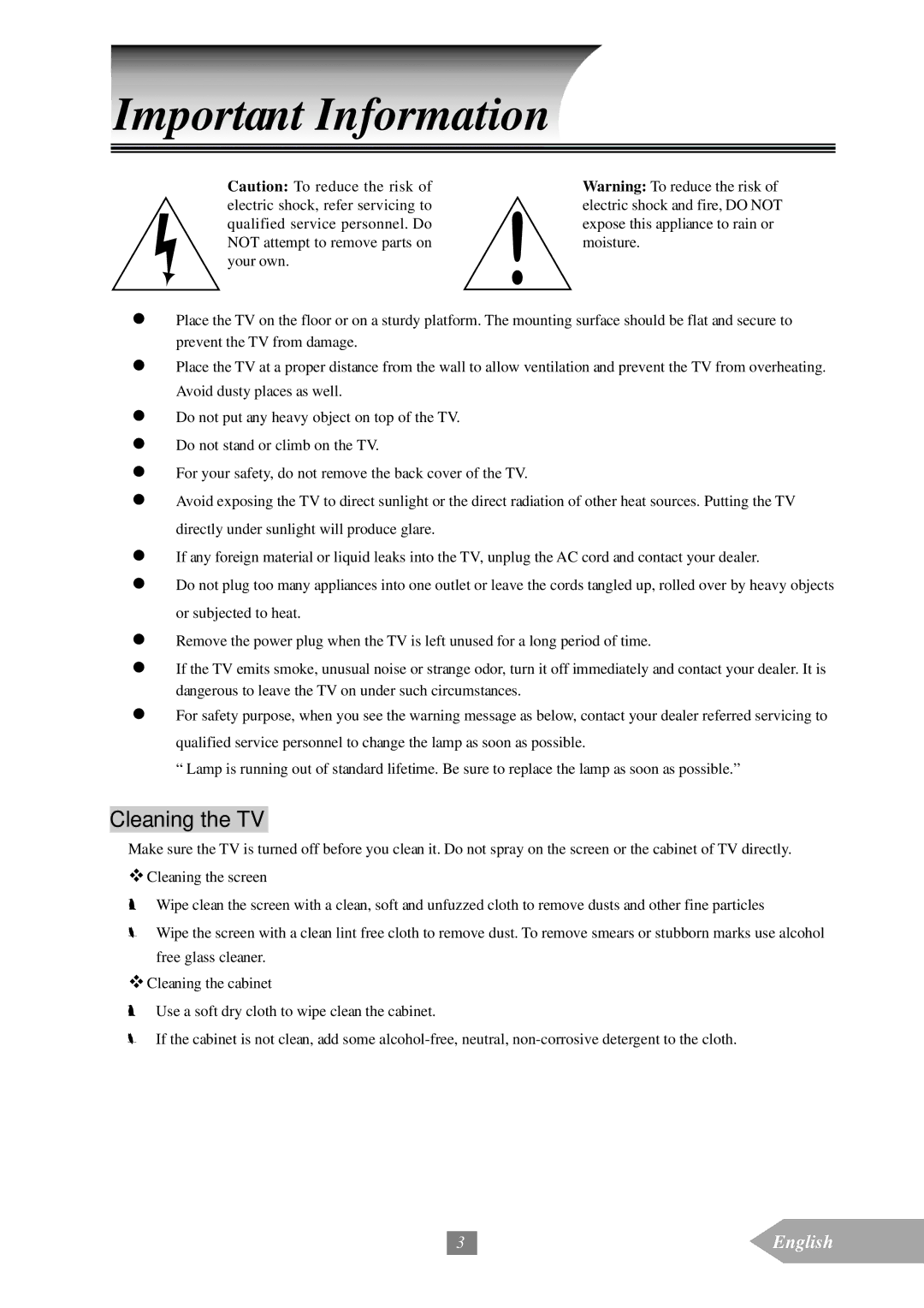 Optoma Technology EP652A manual Important Information, Cleaning the TV 