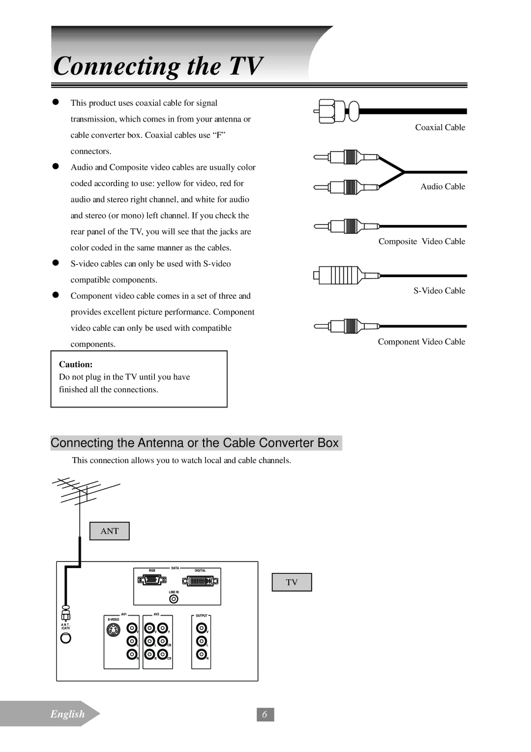 Optoma Technology EP652A manual Connecting the TV, Connecting the Antenna or the Cable Converter Box 