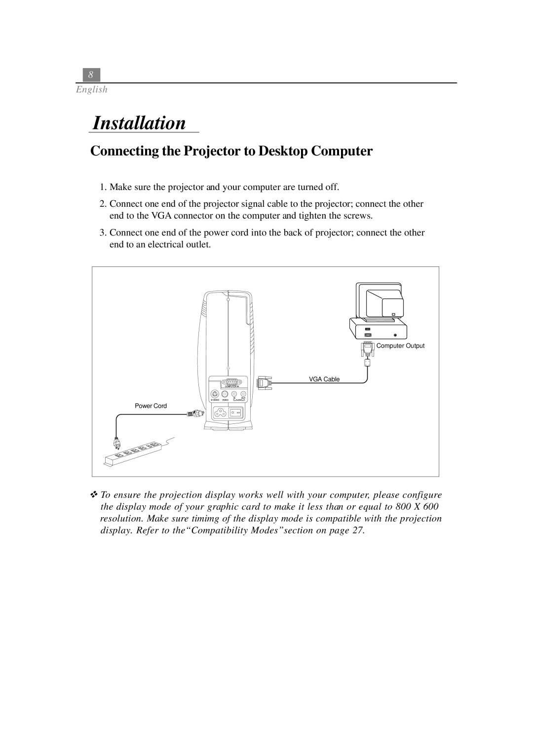 Optoma Technology EP702 specifications Installation, Connecting the Projector to Desktop Computer 