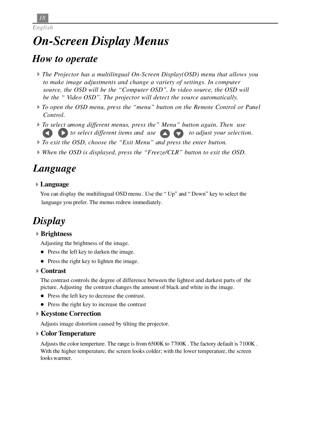 Optoma Technology EP705H specifications On-Screen Display Menus 