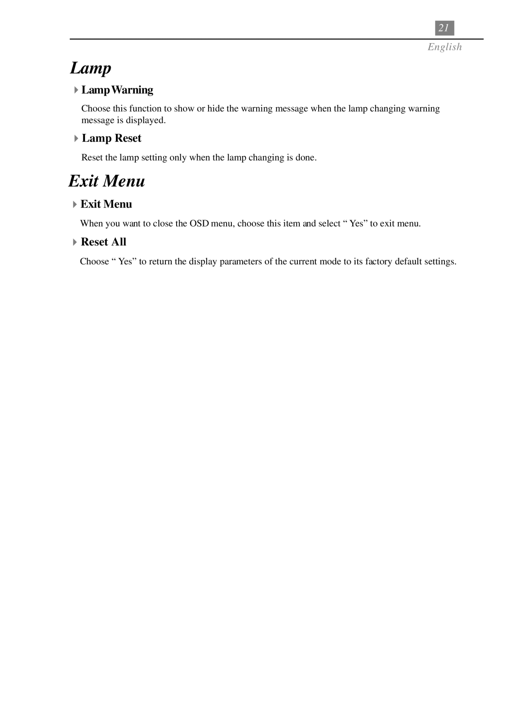 Optoma Technology EP705H specifications 4Lamp Warning, 4Lamp Reset, 4Exit Menu, 4Reset All 