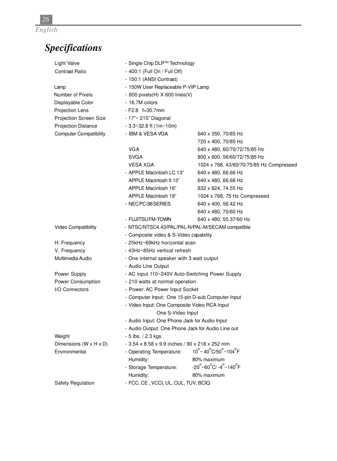 Optoma Technology EP705H specifications Specifications 