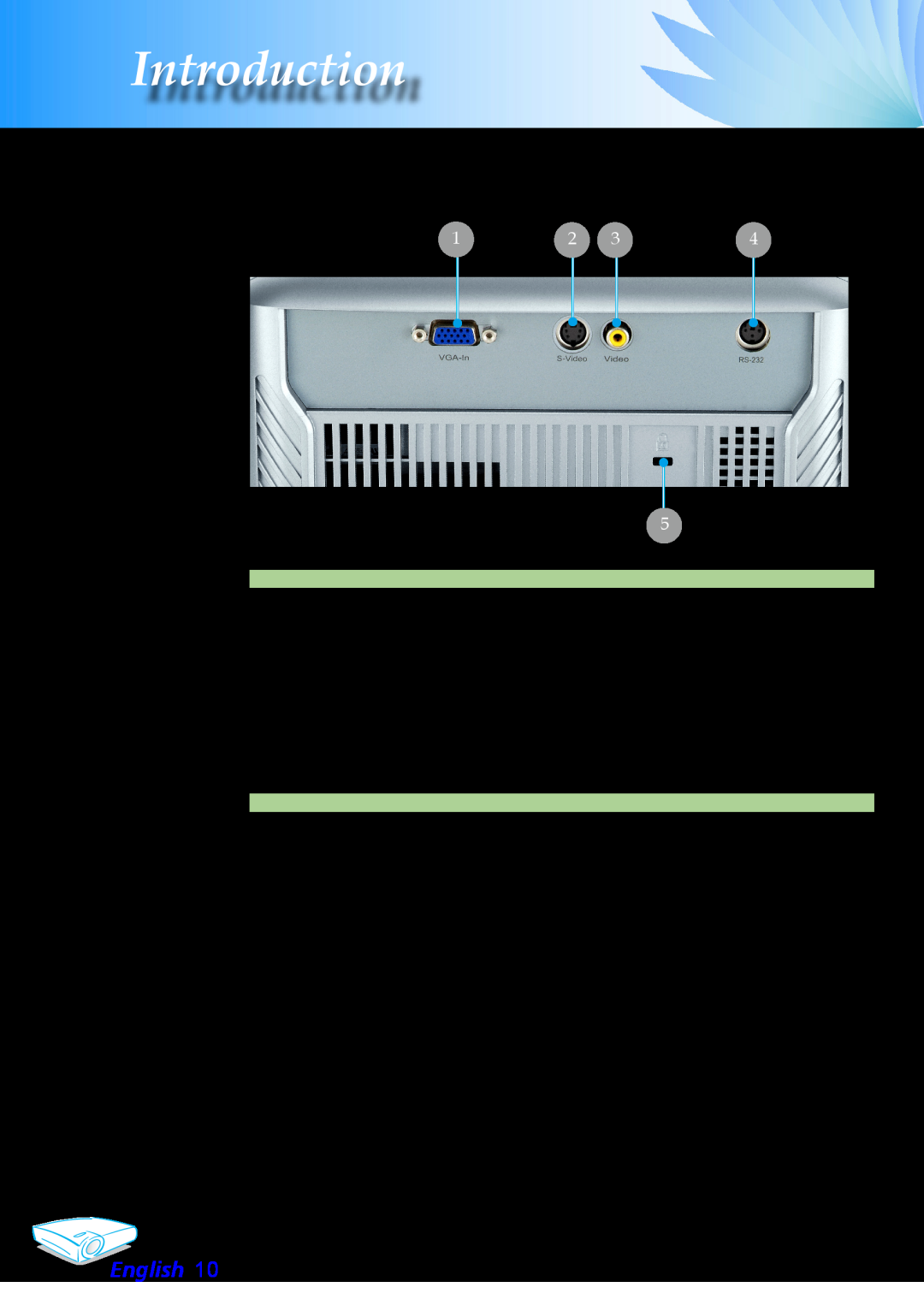 Optoma Technology EP706 Connection Ports, Introduction, PC Analog signal/SCART RGB/HDTV/Component Video Input Connector 