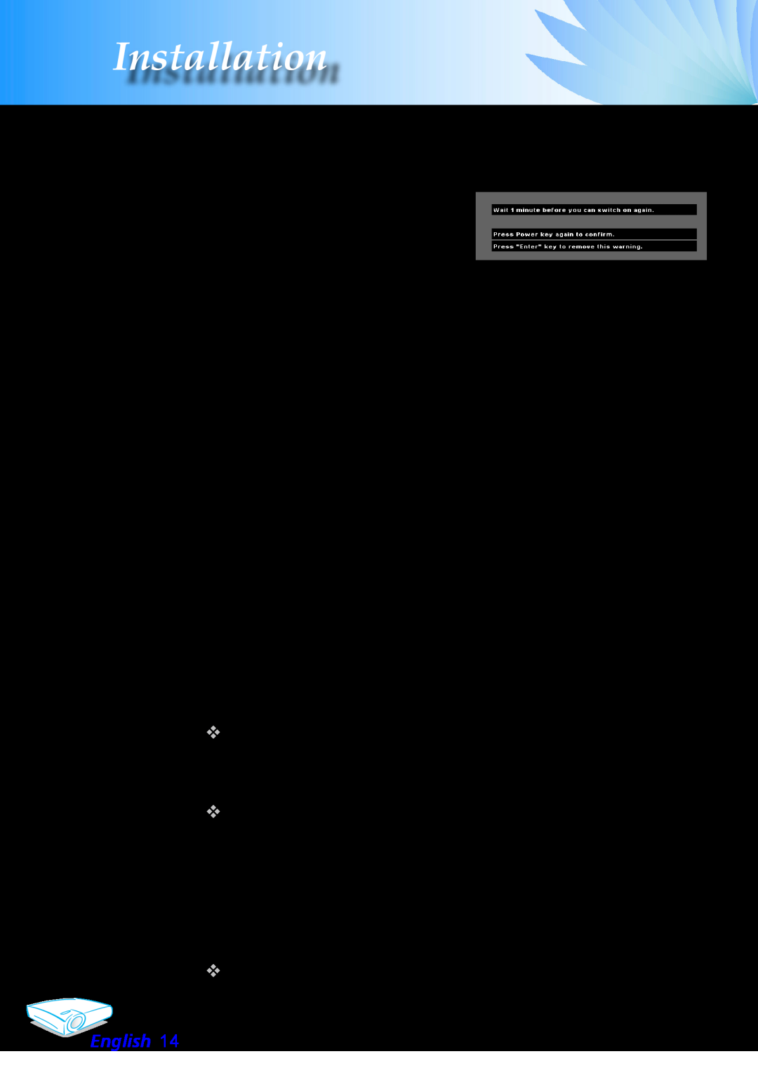 Optoma Technology EP706 manual Powering off the projector, Warning Indicator, Installation, English 