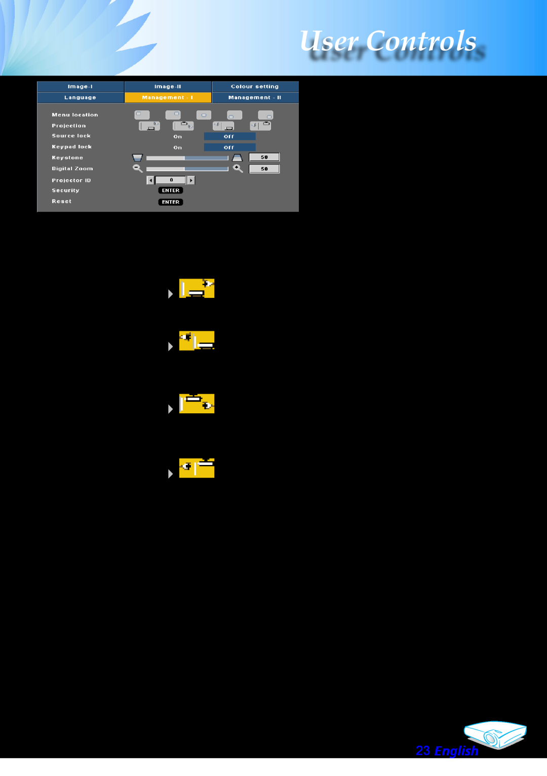 Optoma Technology EP706 manual Management, Menu Location, Projection, Source Lock, Keypad Lock, English, User Controls 