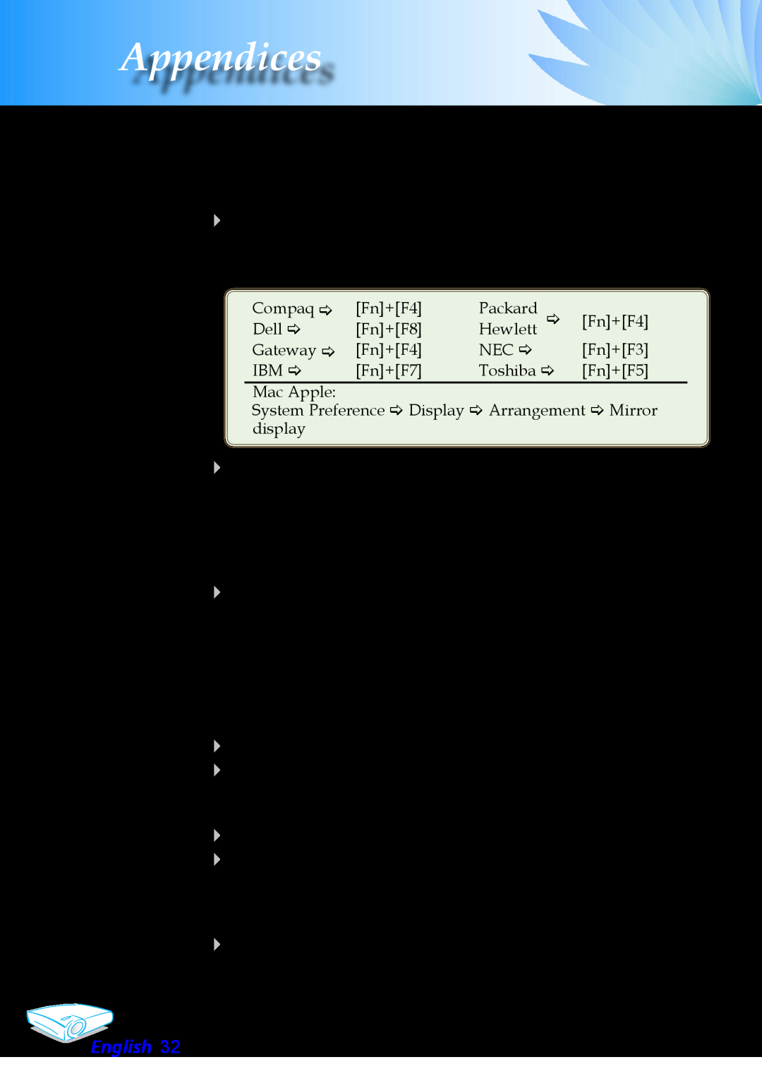 Optoma Technology EP706 Problem Image is unstable or flickering, Problem Image has vertical flickering bar, Appendices 