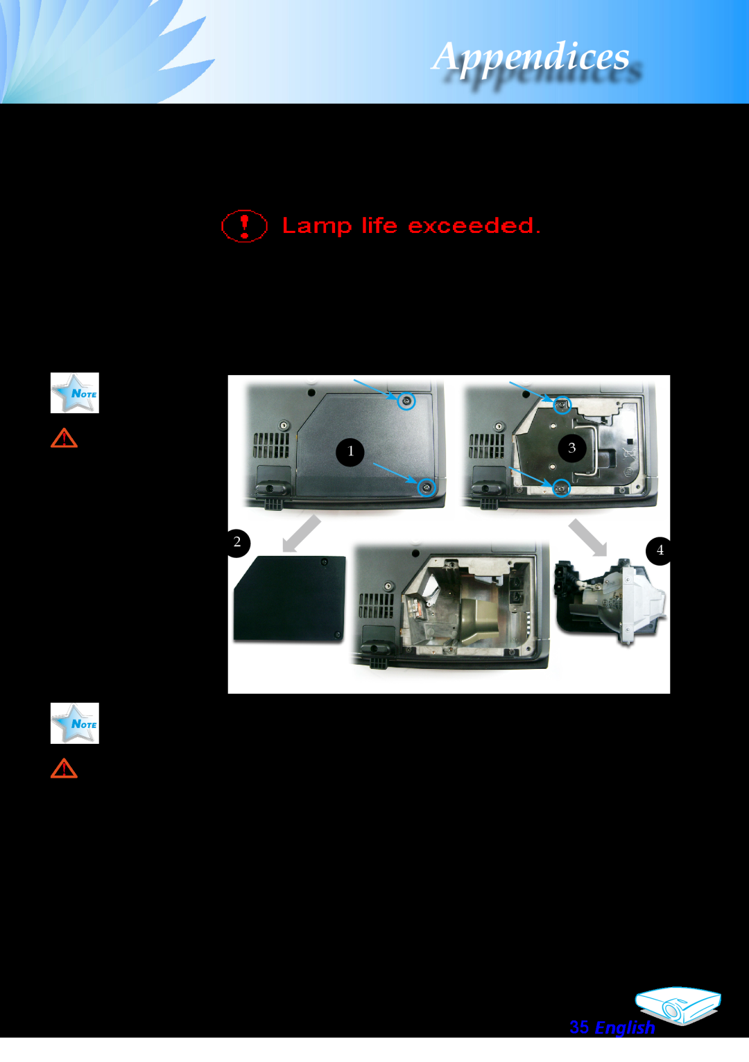 Optoma Technology EP706 manual Replacing the lamp, Lamp Replacing Procedure, English, Appendices 