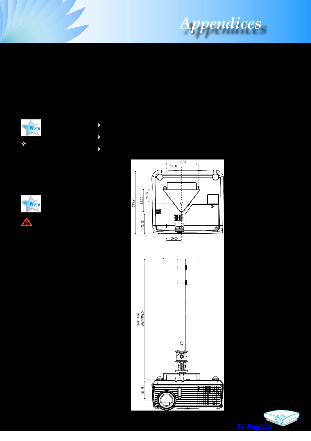 Optoma Technology EP706 Ceiling Mount Installation,  Screw type M2.6  Maximum screw length 10mm, English, Appendices 