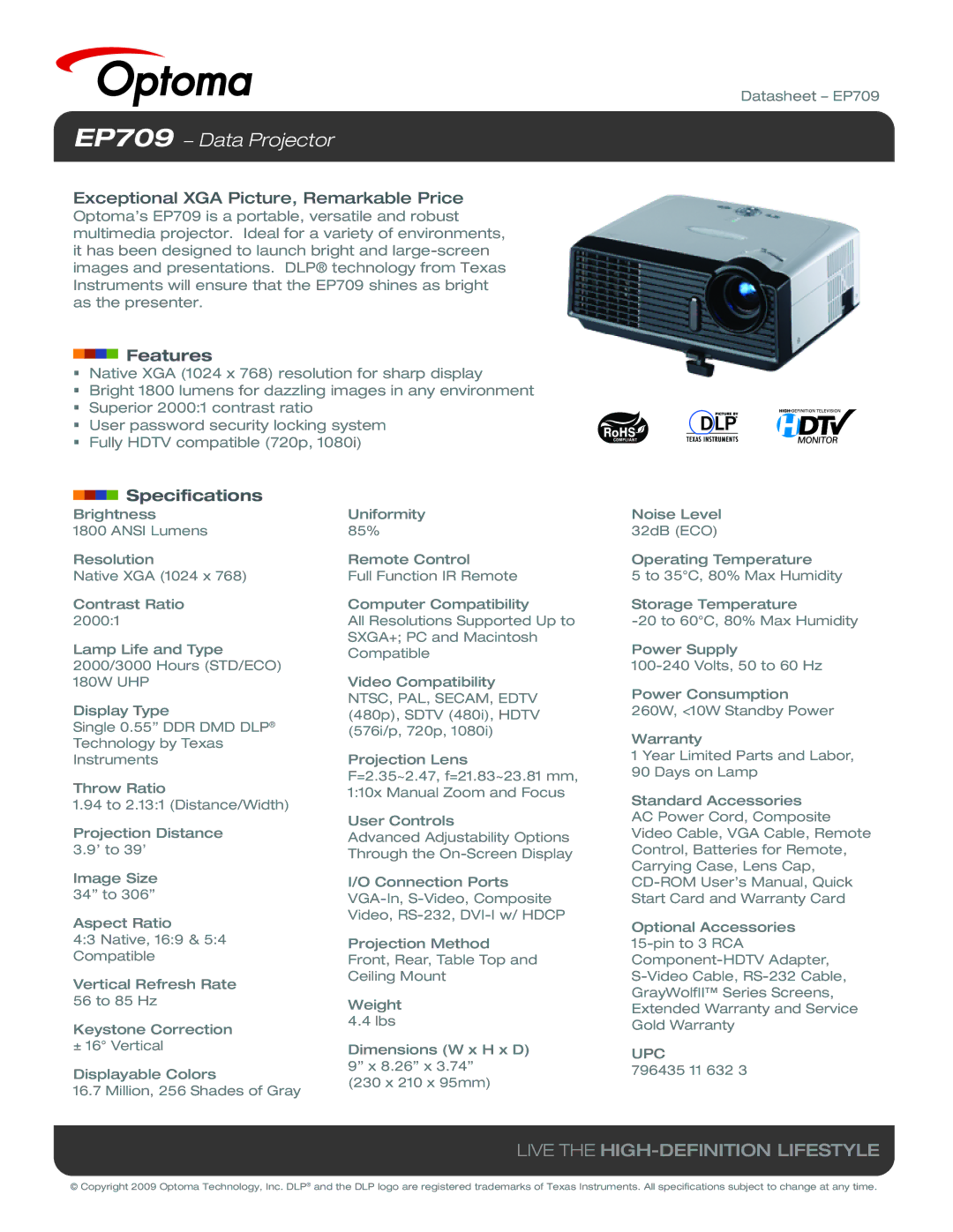 Optoma Technology specifications EP709 − Data Projector, Live the HIGH-DEFINITION Lifestyle, Features, Specifications 