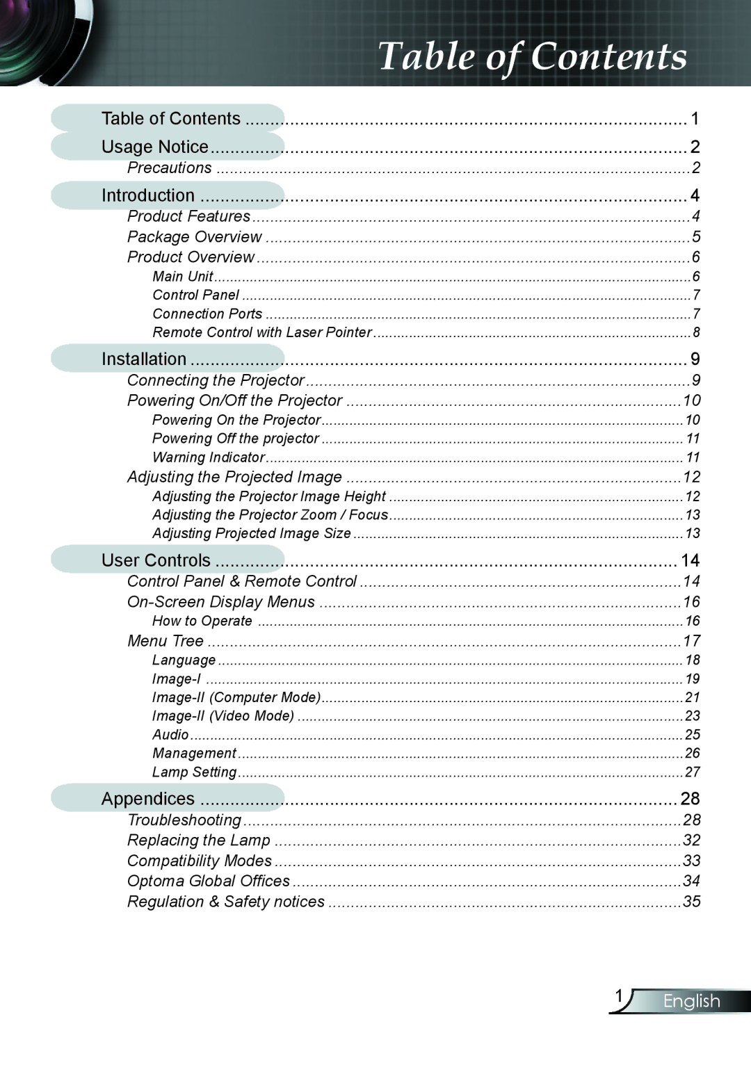 Optoma Technology EP7150RFBA manual Table of Contents 