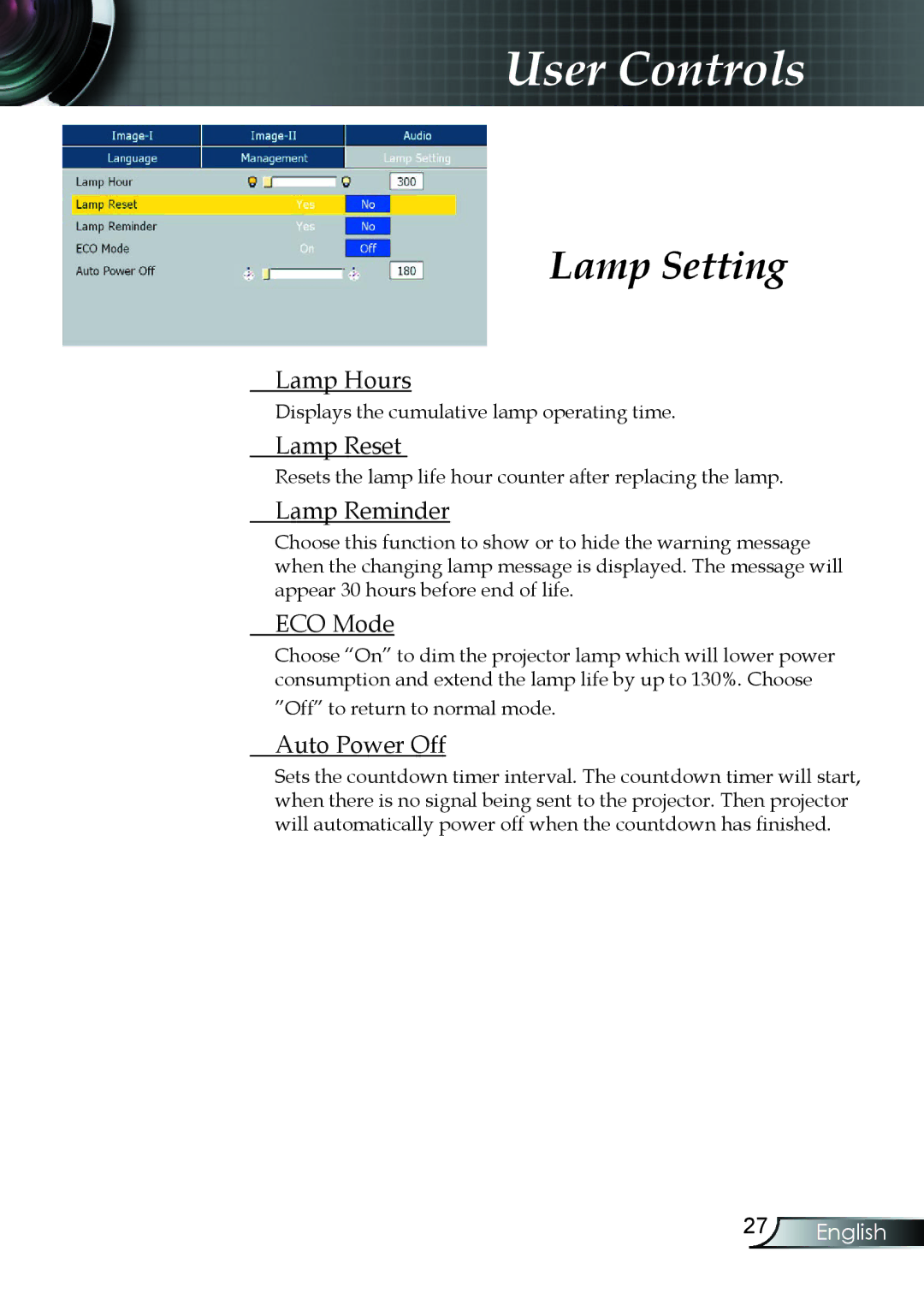 Optoma Technology EP7150RFBA manual Lamp Setting 