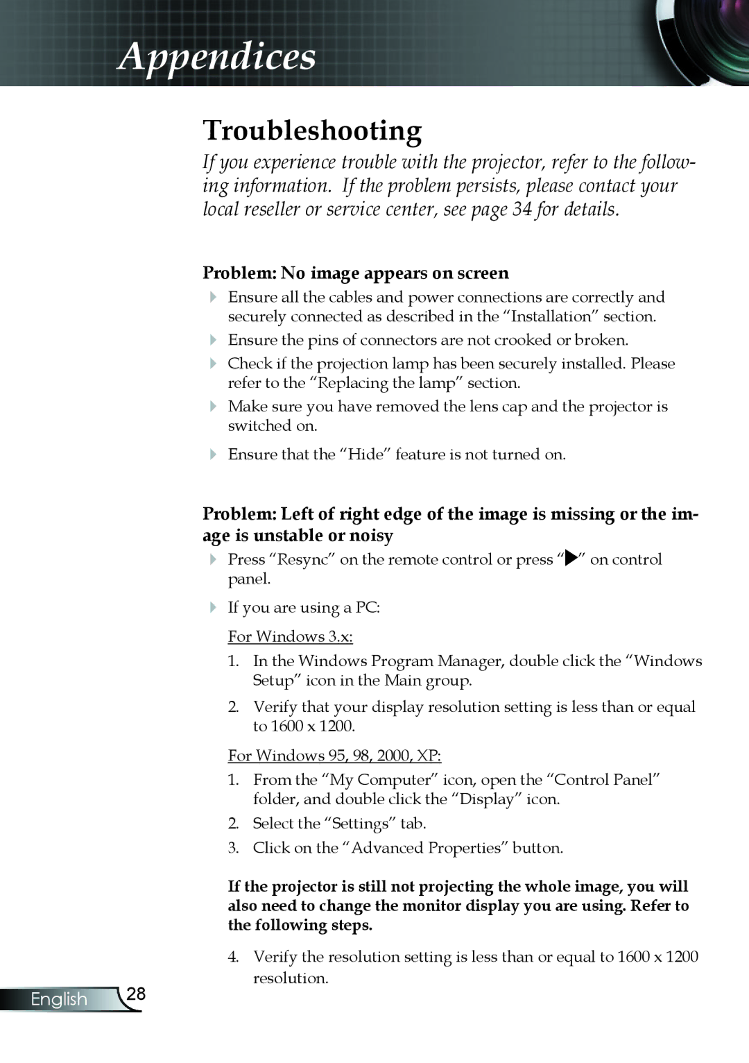 Optoma Technology EP7150RFBA manual Appendices, Troubleshooting 