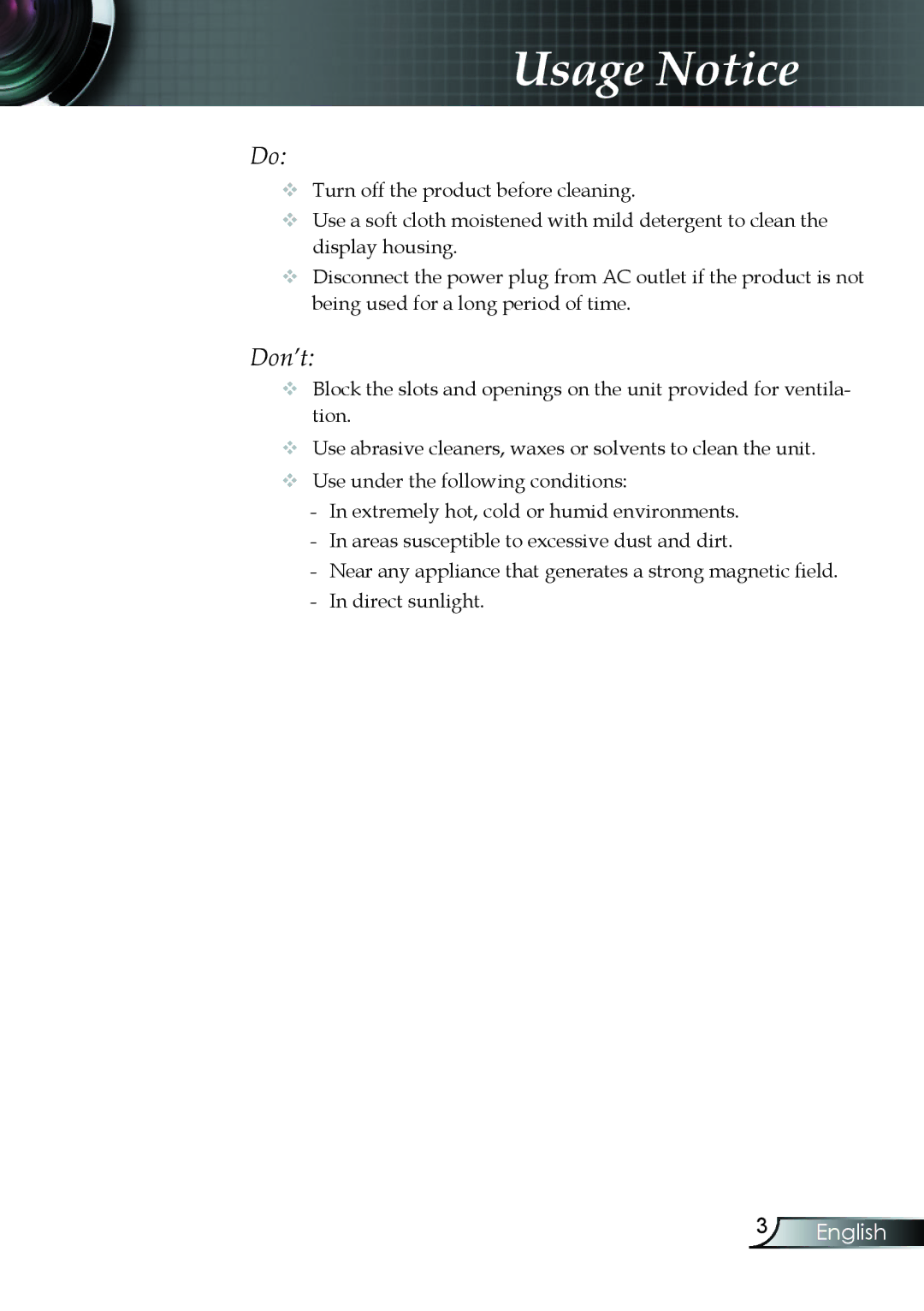 Optoma Technology EP7150RFBA manual Don’t 