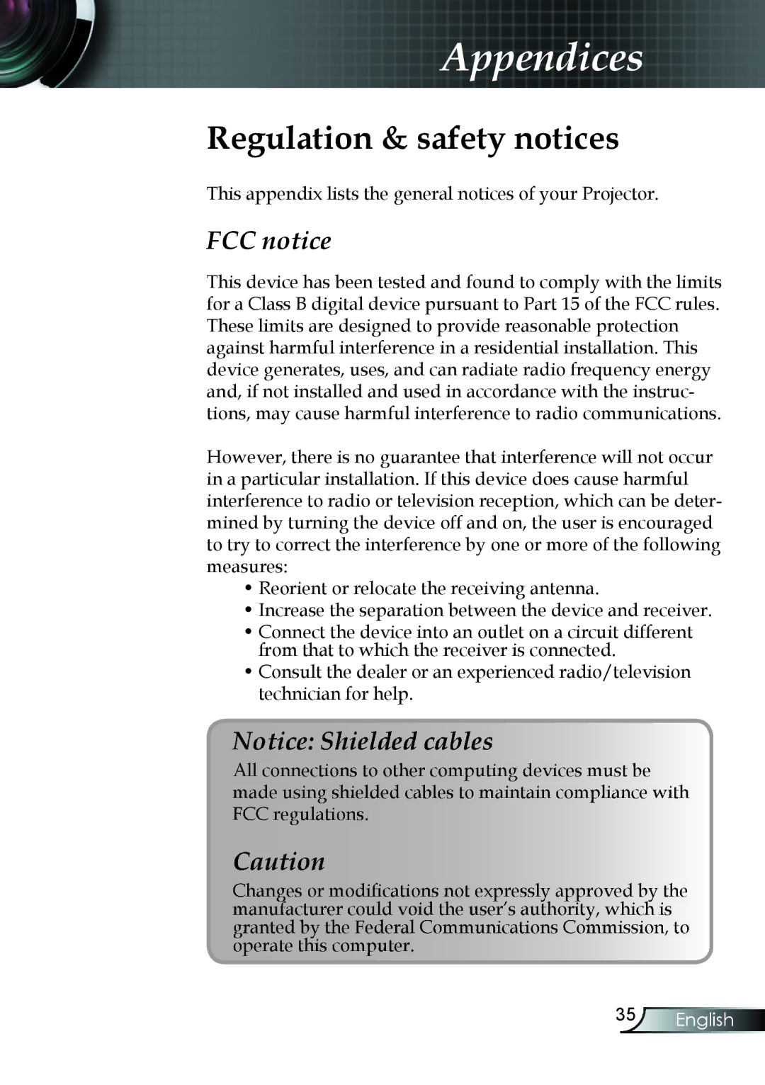 Optoma Technology EP7150RFBA manual Regulation & safety notices 