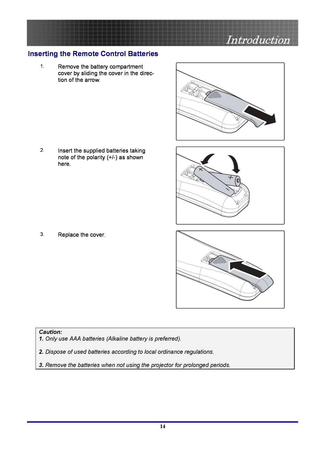 Optoma Technology EP7155 manual Inserting the Remote Control Batteries, Introduction 