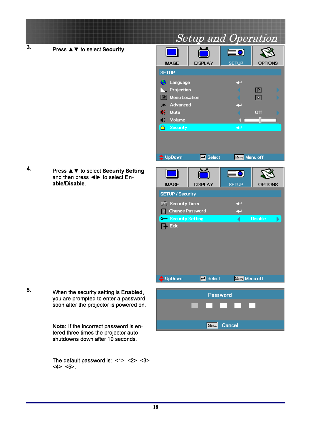 Optoma Technology EP7155 manual Setup and Operation, Press to select Security 