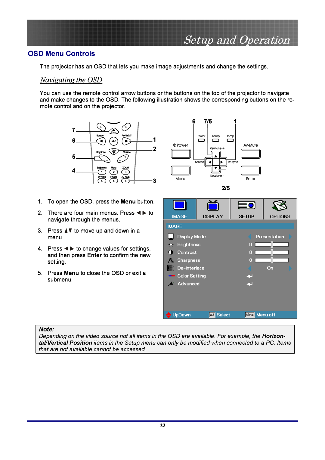 Optoma Technology EP7155 manual Navigating the OSD, OSD Menu Controls, Setup and Operation 