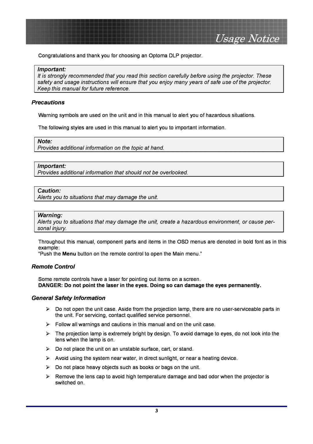 Optoma Technology EP7155 manual Usage Notice, Precautions, Remote Control, General Safety Information 