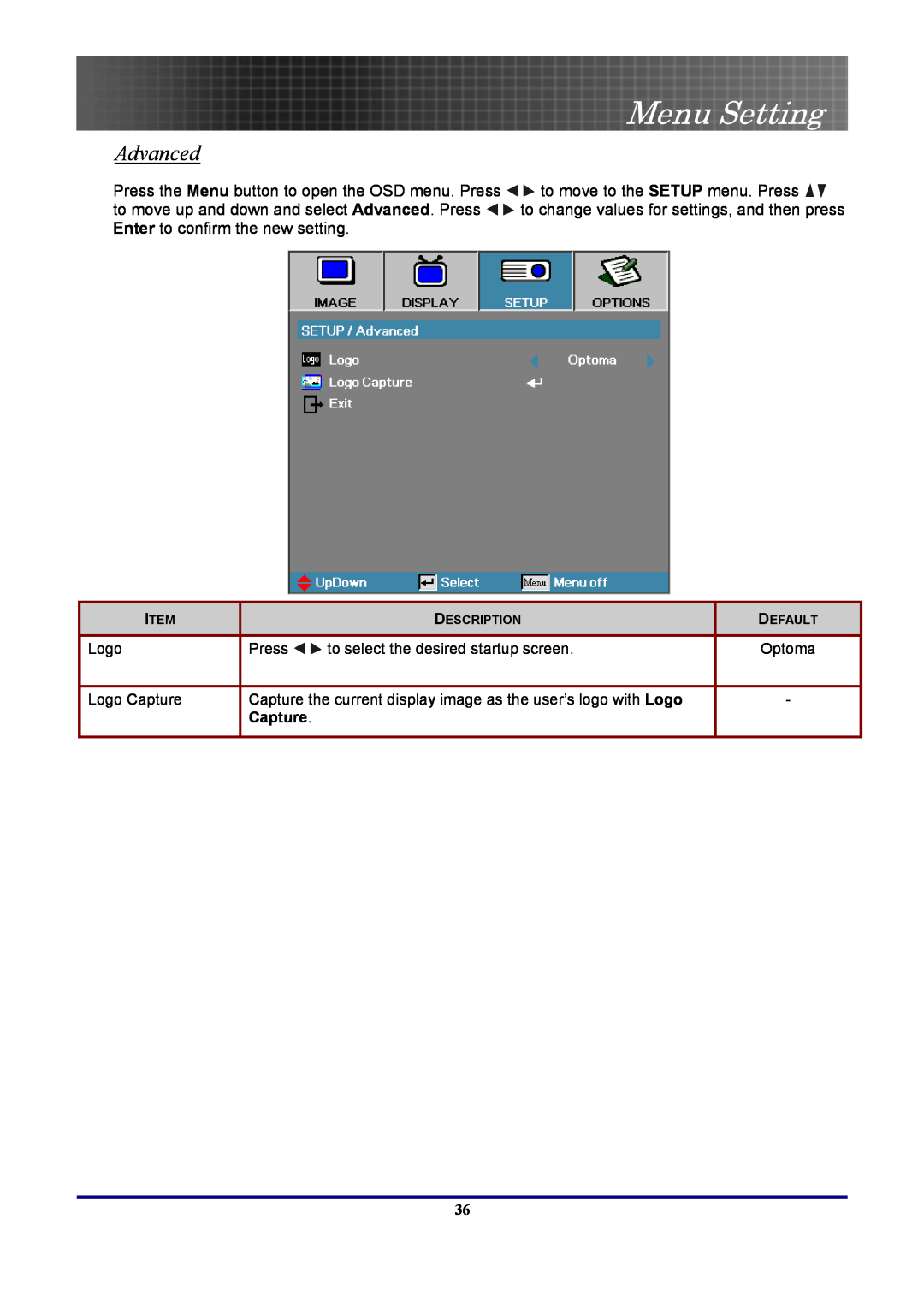 Optoma Technology EP7155 manual Menu Setting, Advanced, Capture 