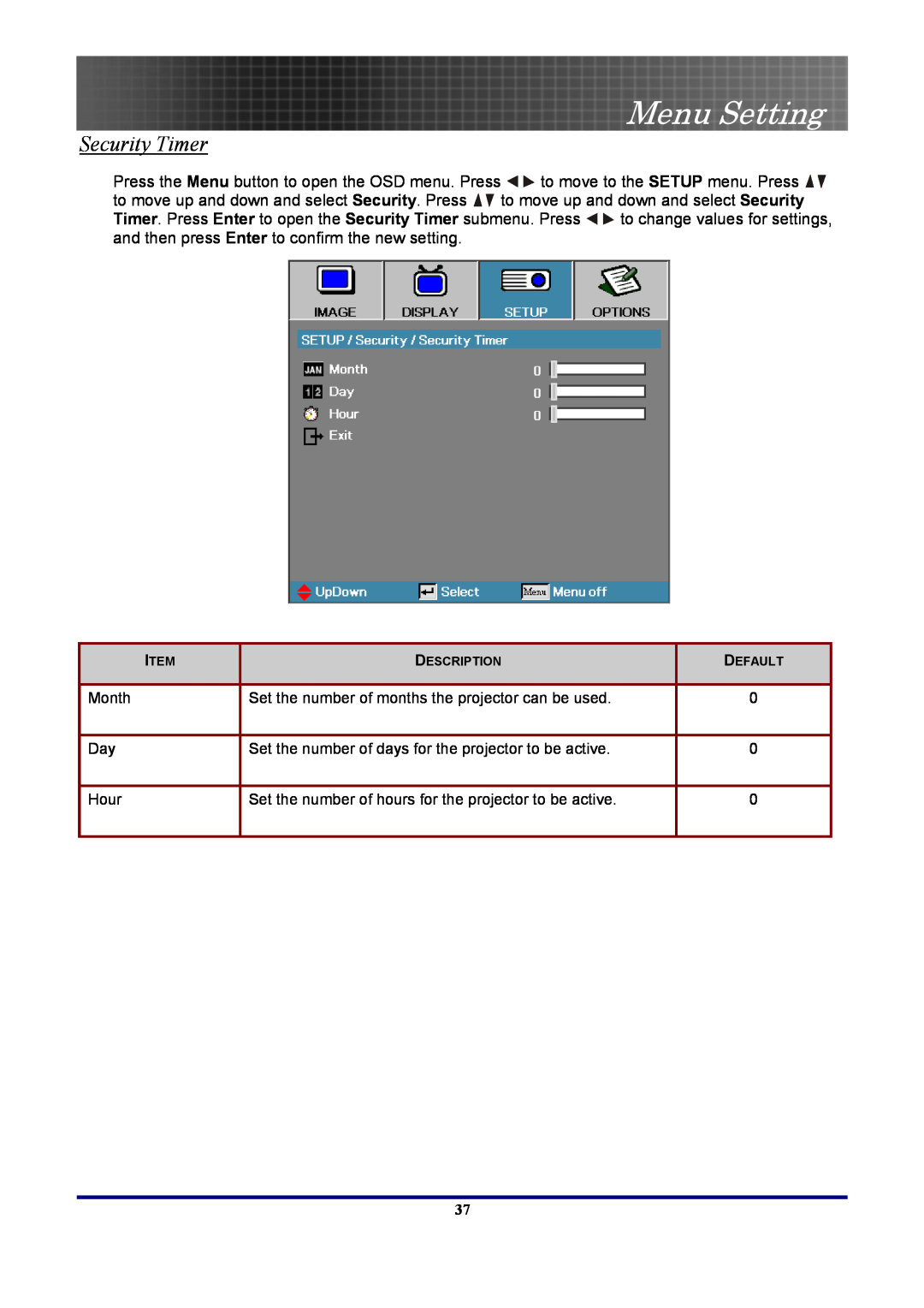 Optoma Technology EP7155 Security Timer, Menu Setting, Month, Set the number of months the projector can be used, Hour 