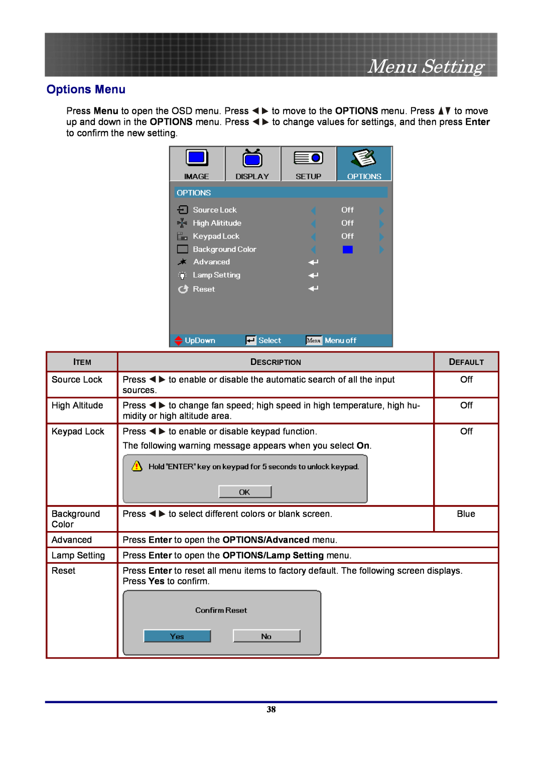 Optoma Technology EP7155 manual Options Menu, Menu Setting, Press Enter to open the OPTIONS/Lamp Setting menu 