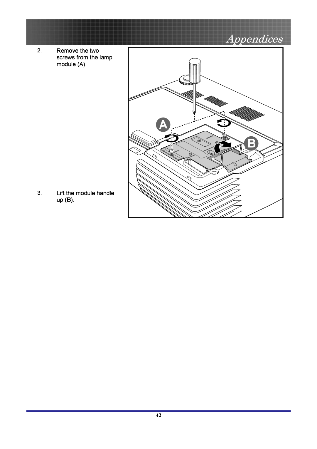 Optoma Technology EP7155 manual Appendices, Remove the two screws from the lamp module A, Lift the module handle up B 