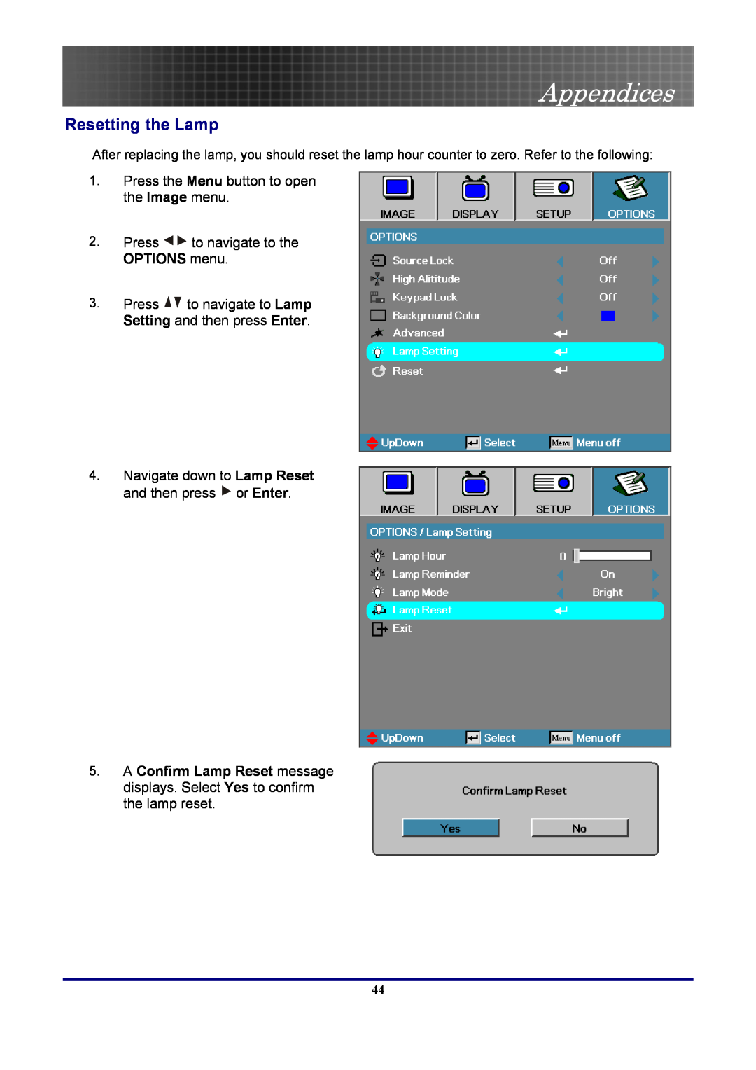 Optoma Technology EP7155 manual Resetting the Lamp, Appendices 