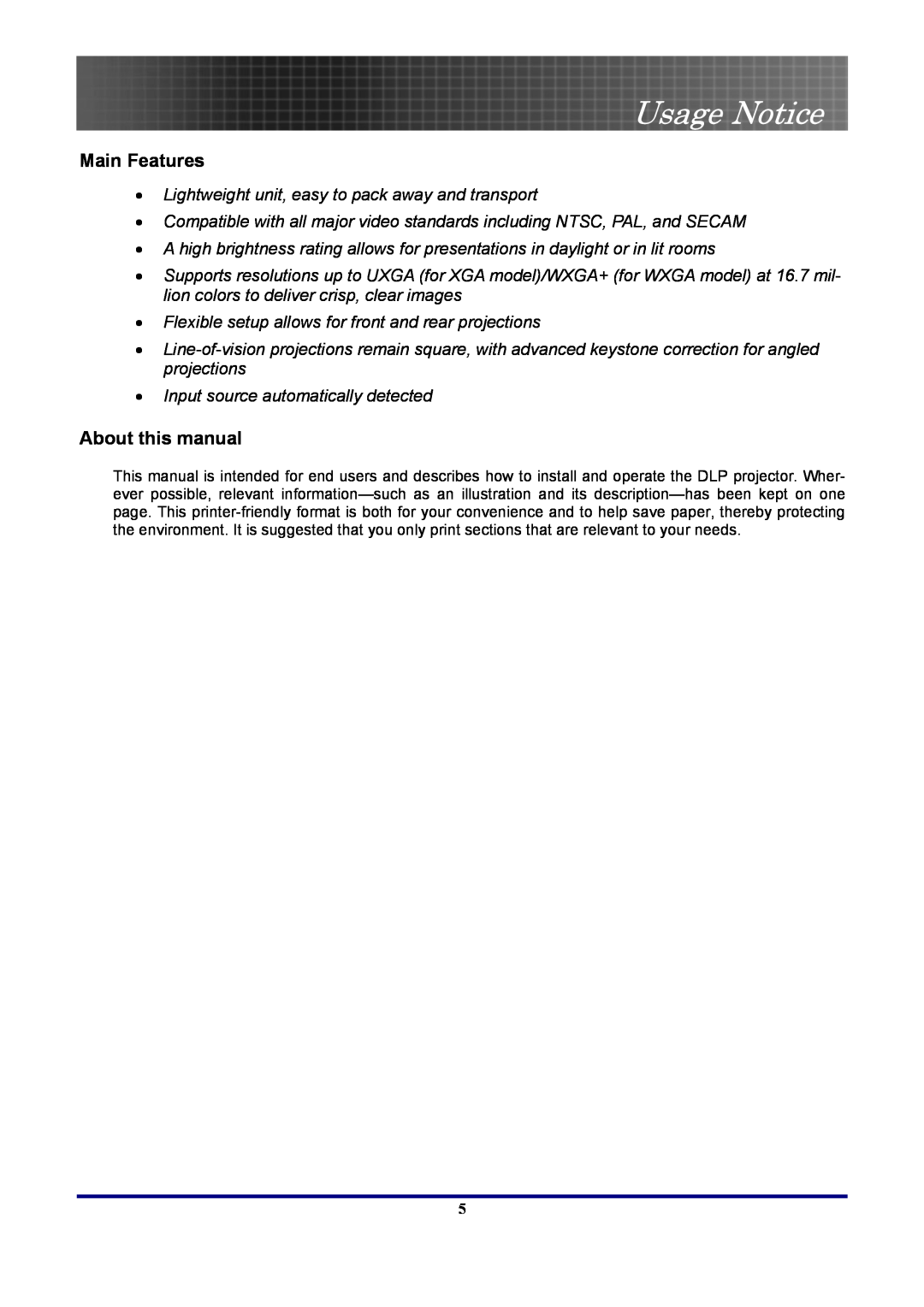 Optoma Technology EP7155 Main Features, About this manual, Usage Notice 