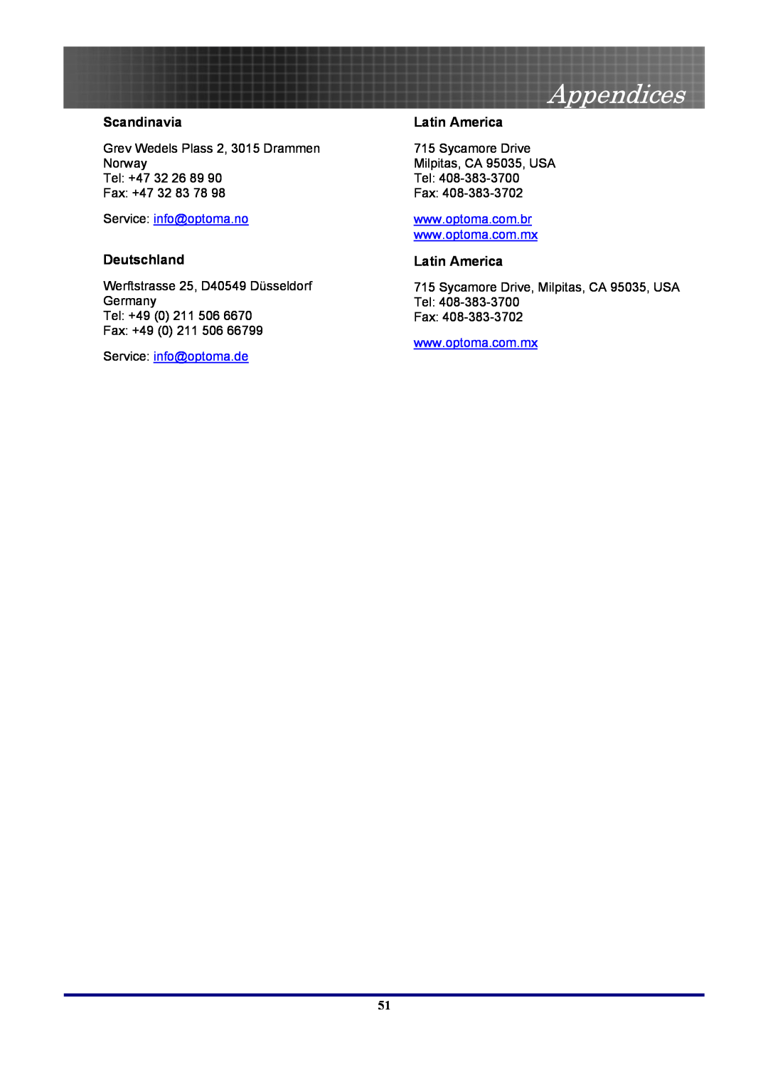 Optoma Technology EP7155 manual Appendices, Scandinavia, Latin America, Deutschland, Service info@optoma.no 