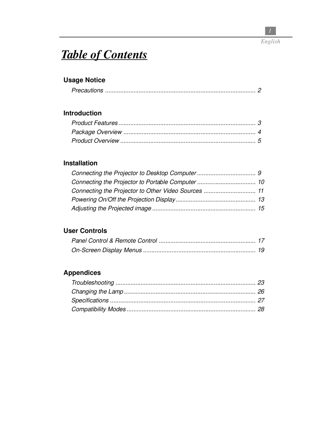 Optoma Technology EP718 specifications Table of Contents 