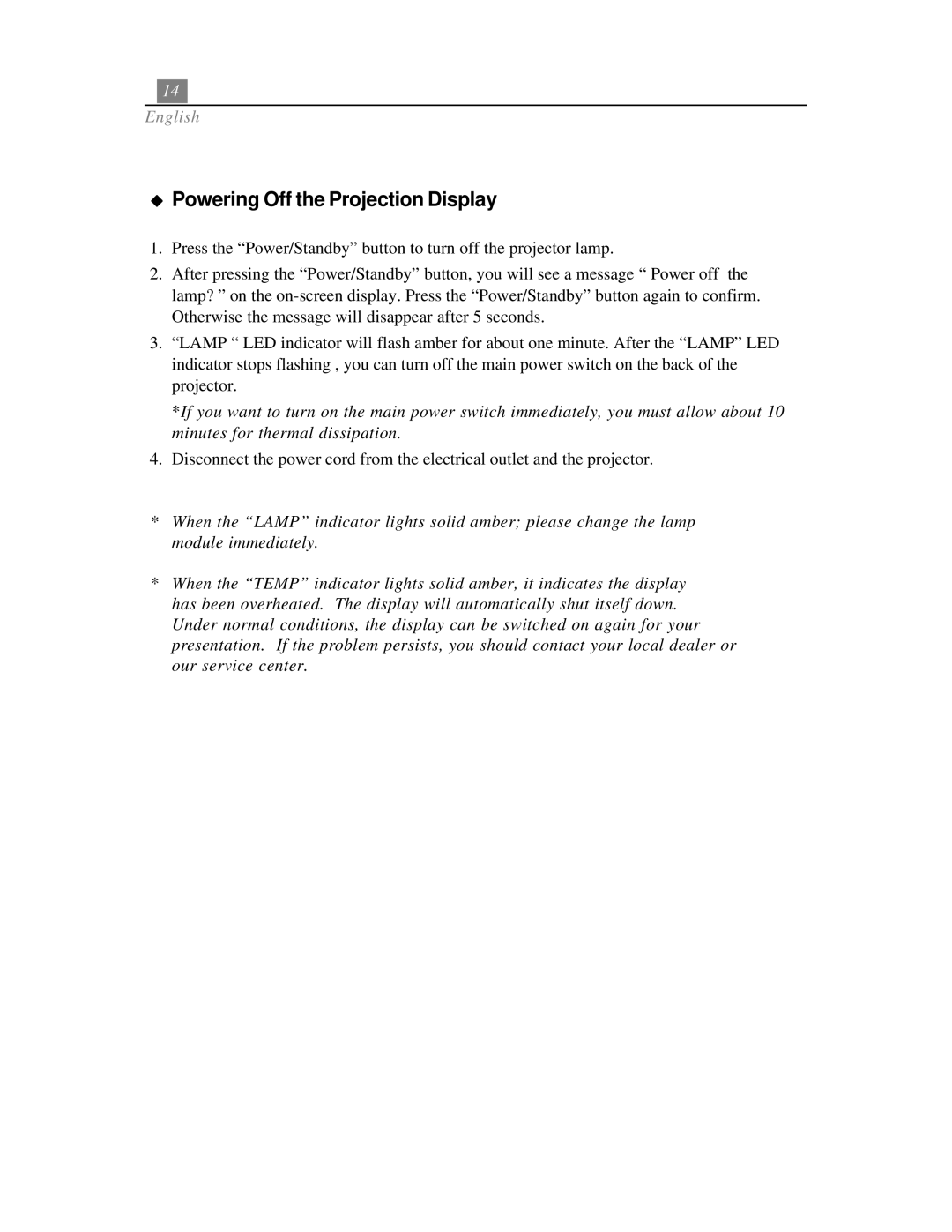 Optoma Technology EP718 specifications Powering Off the Projection Display 