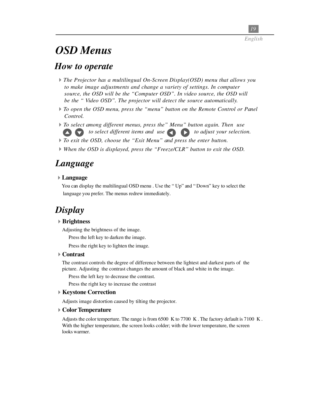 Optoma Technology EP718 specifications OSD Menus 